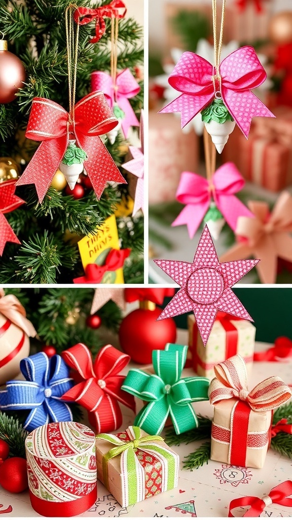 DIY Christmas Ornaments with Ribbon Colorful DIY Christmas ornaments made from ribbons, displayed on a festive background.